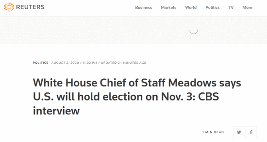 白宫官员：美将于11月3日大选 此前特朗普提议推迟