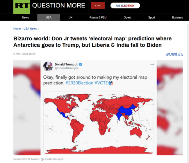 特朗普长子发“选举世界地图”为支持者打气，被网友吐槽存在好多问题