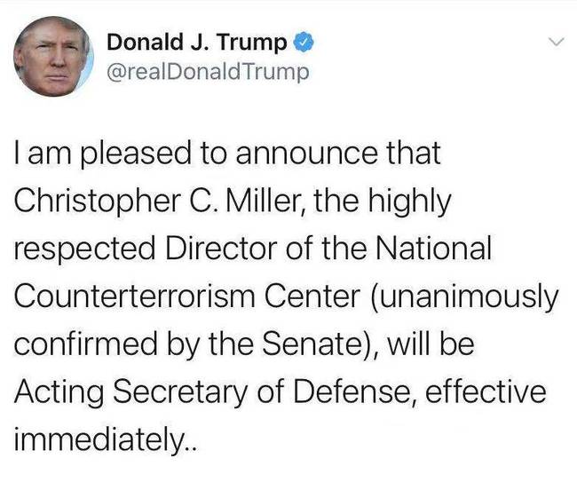 美国总统特朗普解雇国防部长埃斯珀