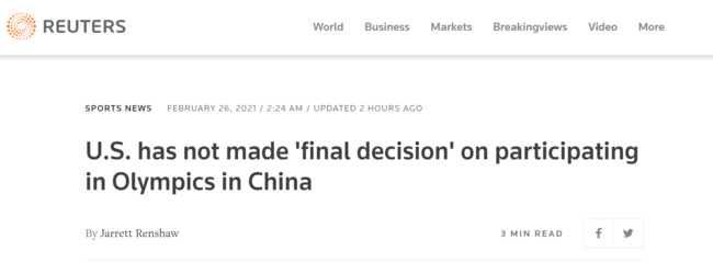 白宫：美国尚未就是否参加北京冬奥会做最终决定