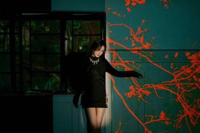 杨幂穿黑色礼裙美腿修长 手持黑玫瑰神秘冷艳