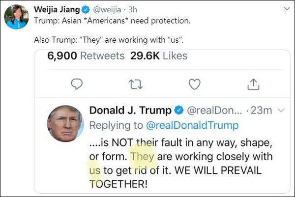 特朗普刚说“有针对亚裔下流言论”记者反问：中国病毒？