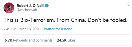  （图为奥尼尔在3月时曾发帖说新冠肺炎是来自中国的生化恐怖主义）