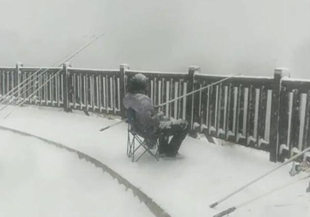 仿佛一尊雪雕！大连一男子顶着大雪钓鱼 网友：如果没被冻住就眨眨眼