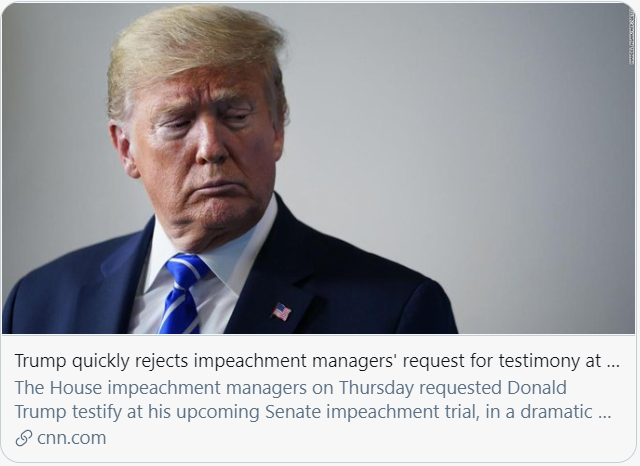特朗普快速拒绝了众议院弹劾案负责人的作证要求。/CNN报道截图