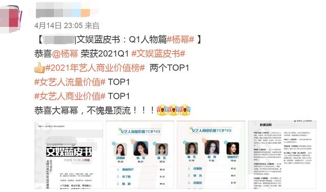 杨幂登顶最具价值女艺人，赵丽颖杨紫紧随其后，贾玲进前十