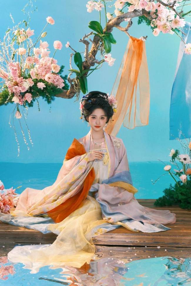沈月穿古风长裙明媚娇俏 头簪粉花娇嫩甜美