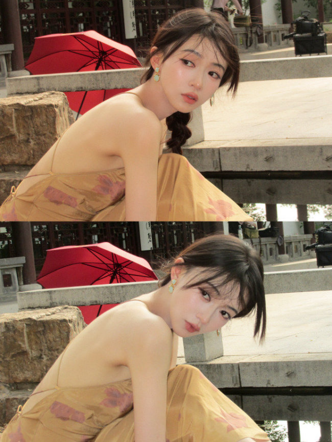 吴谨言露白皙美背夏日撑伞 清冷美艳